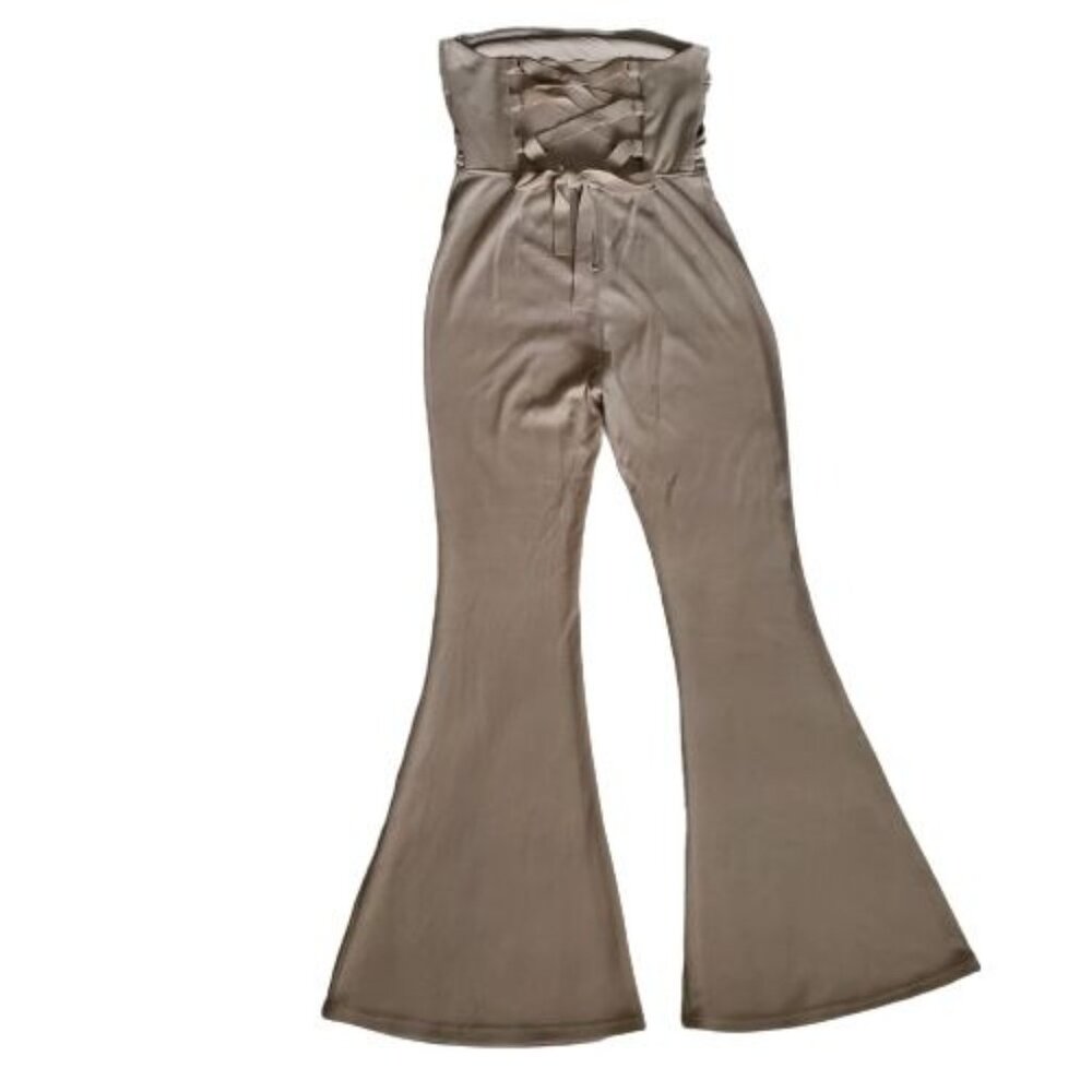 Fashion Nova Beige Bandeau Top‎ Corset-Style Back Flare Leg Jumpsuit Size Large - Picture 3 of 12